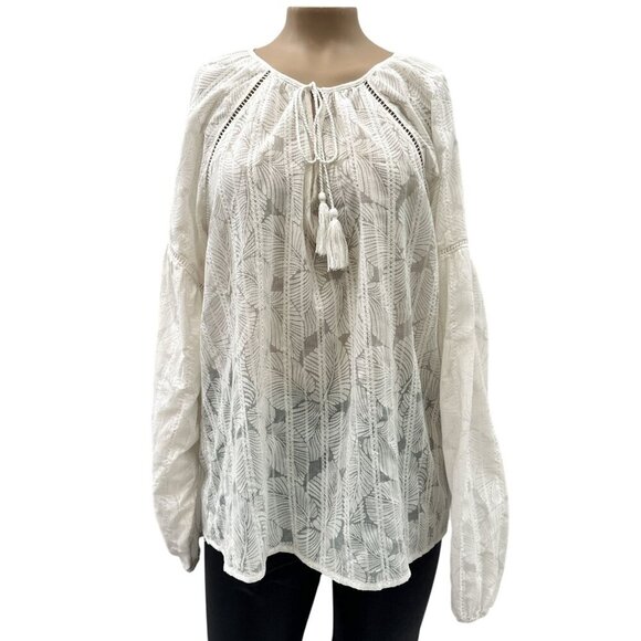 White House‎ Black Market Boho Sheer Long Sleeve Leaf Peasant Tassel Top Women L - Picture 1 of 13